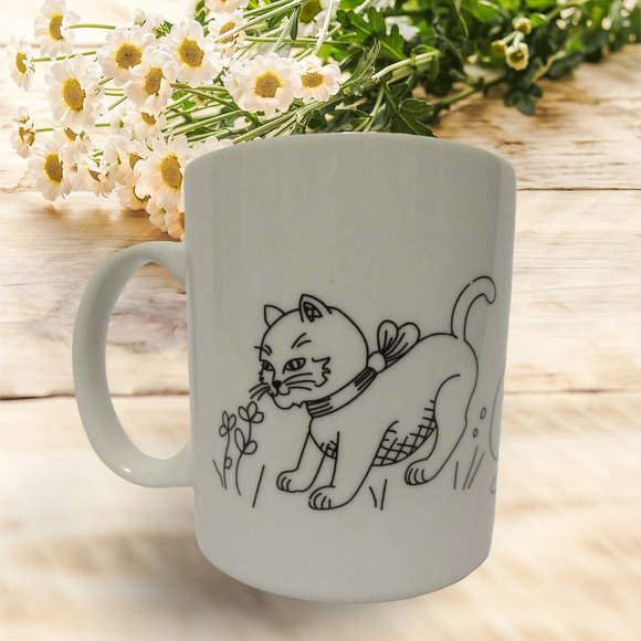 Unbranded Other - Unique Cats Playing Outline Artistic Coffee Cup Mug White Kittens Cat Play Pet